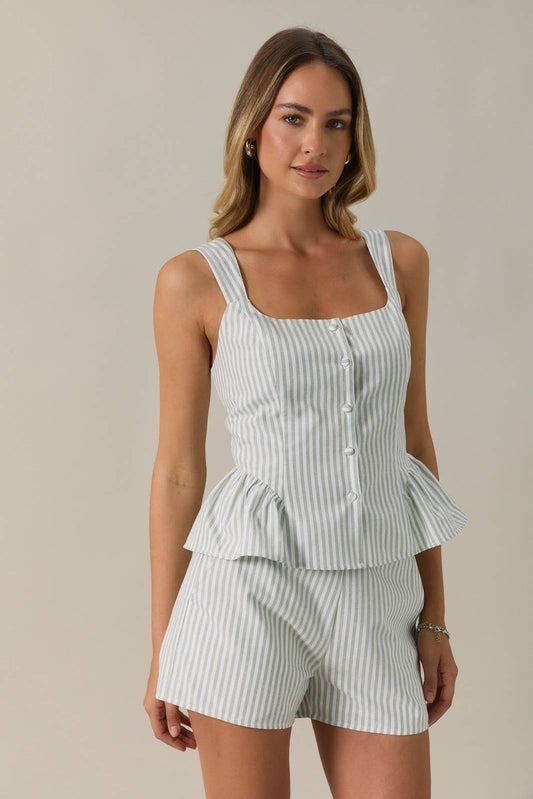 BUTTON DOWN PEPLUM STRIPE TOP & HIGH RISE STRIPE SHORTS