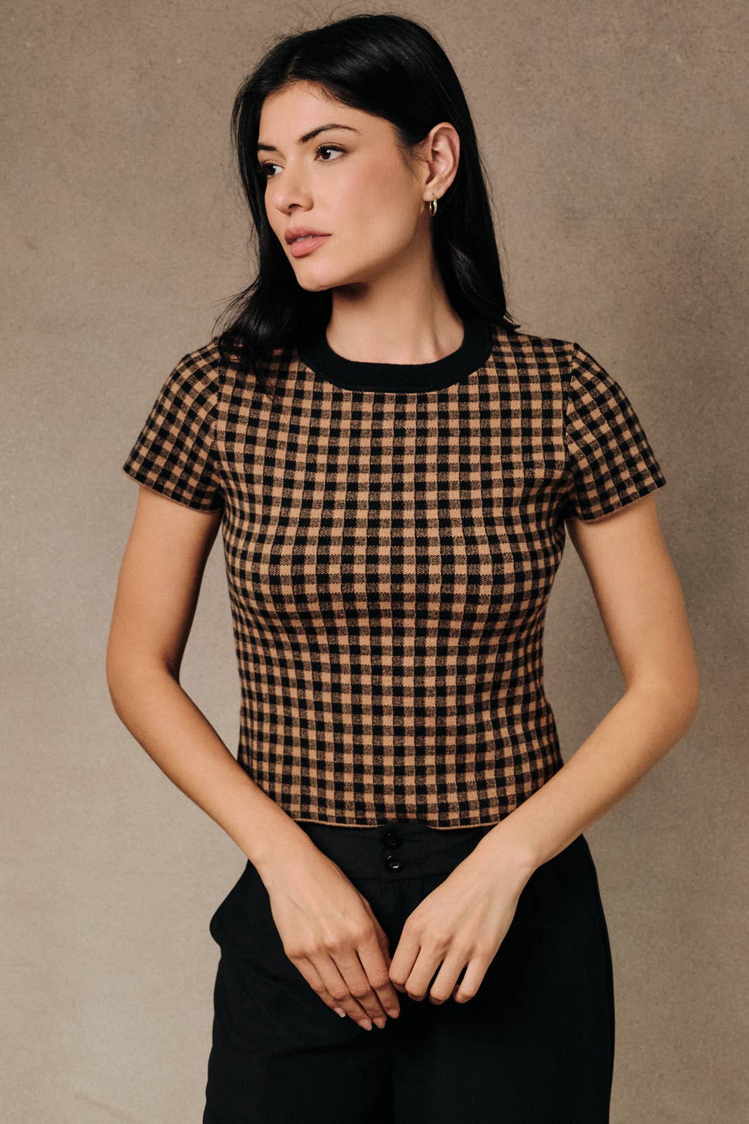 Gingham Sweater Knit Crew Neck Baby Tee