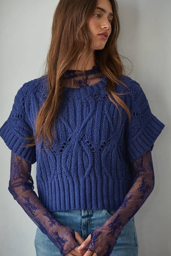 W1124 | Knit Sweater Crochet Round Neck Short Sleeve Top: Dark Brown / Medium