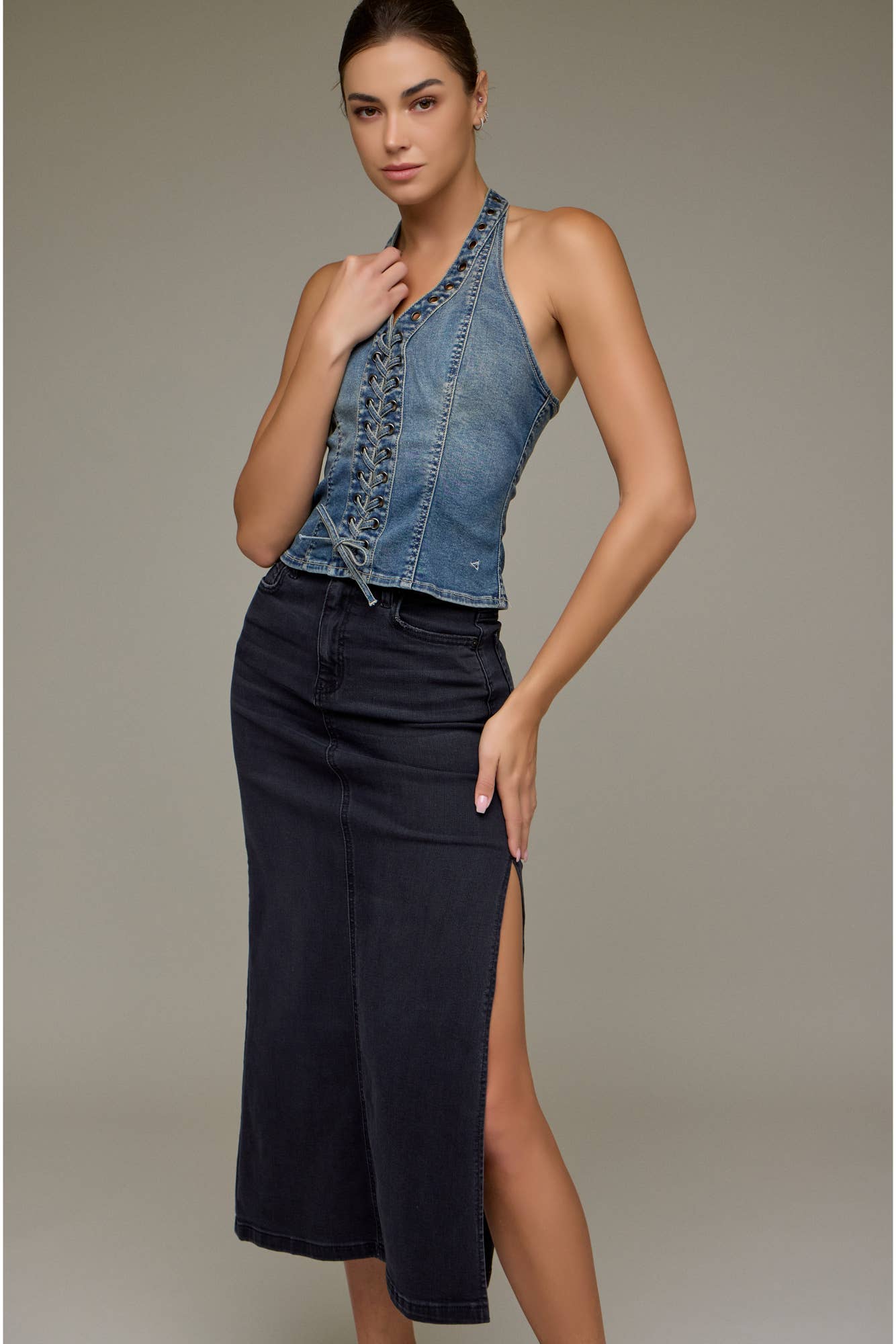 Black Side Slit Stretch Midi Skirt