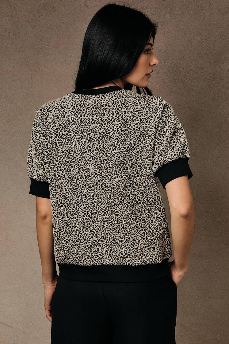Half Puff Sleeve Animal Print Crew Neck Top