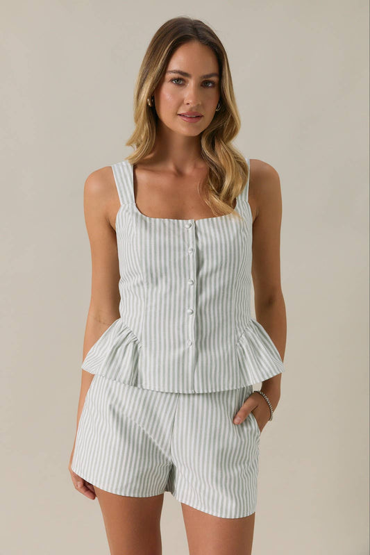 BUTTON DOWN PEPLUM STRIPE TOP & HIGH RISE STRIPE SHORTS