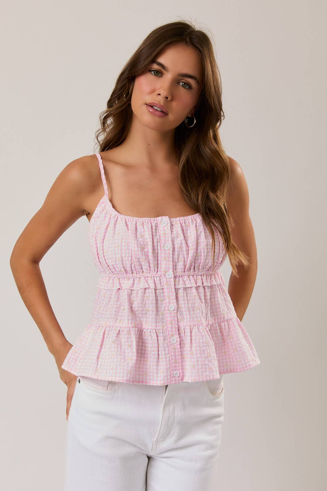 SHIRRED NECK BABYDOLL SPAGHETTI TIERED TOP