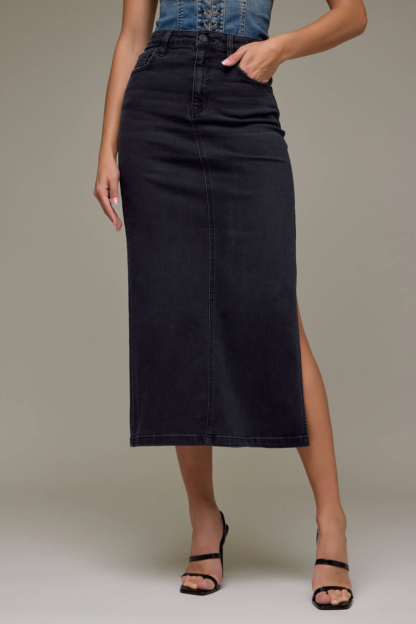 Black Side Slit Stretch Midi Skirt