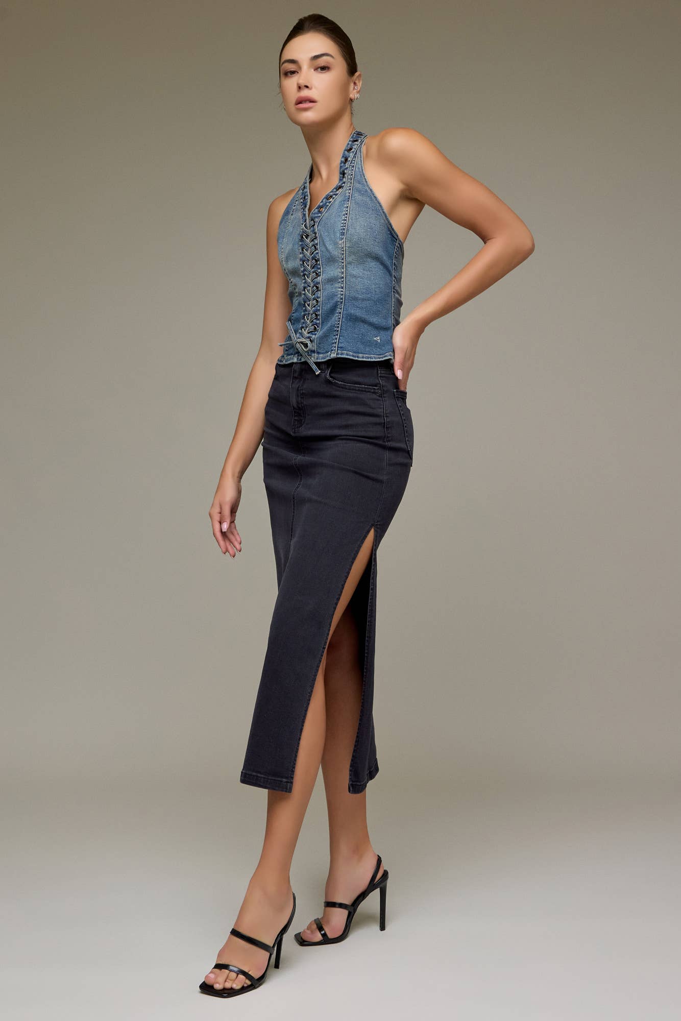 Black Side Slit Stretch Midi Skirt