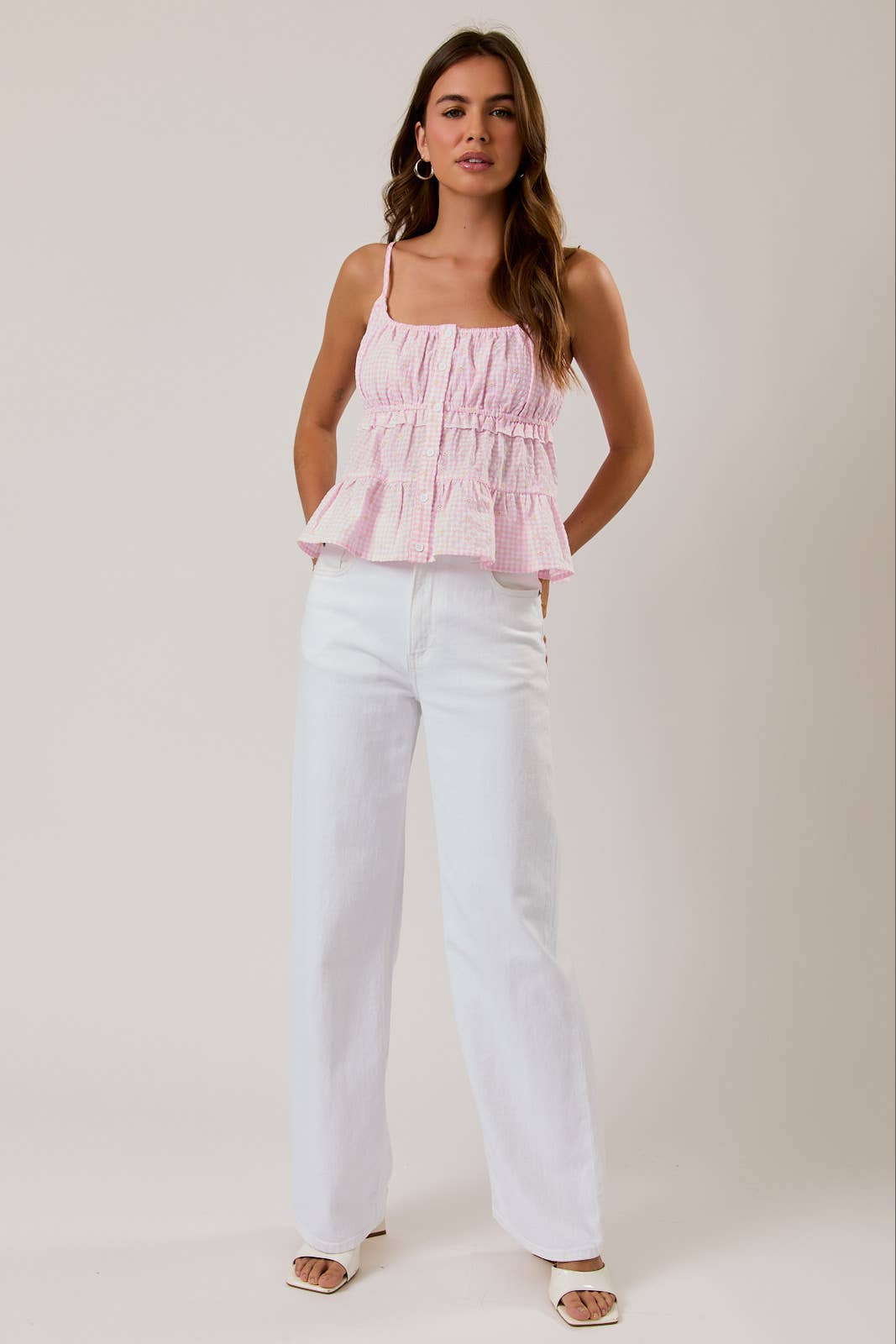 SHIRRED NECK BABYDOLL SPAGHETTI TIERED TOP
