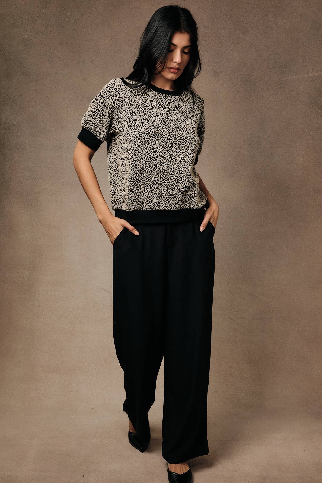 Half Puff Sleeve Animal Print Crew Neck Top