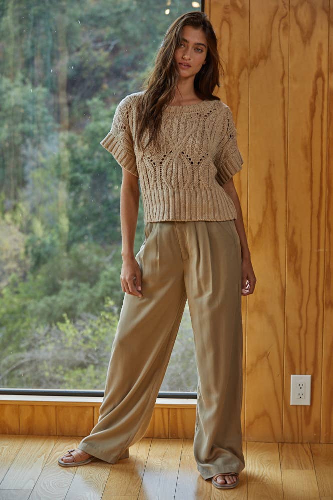 W1124 | Knit Sweater Crochet Round Neck Short Sleeve Top: Dark Brown / Large