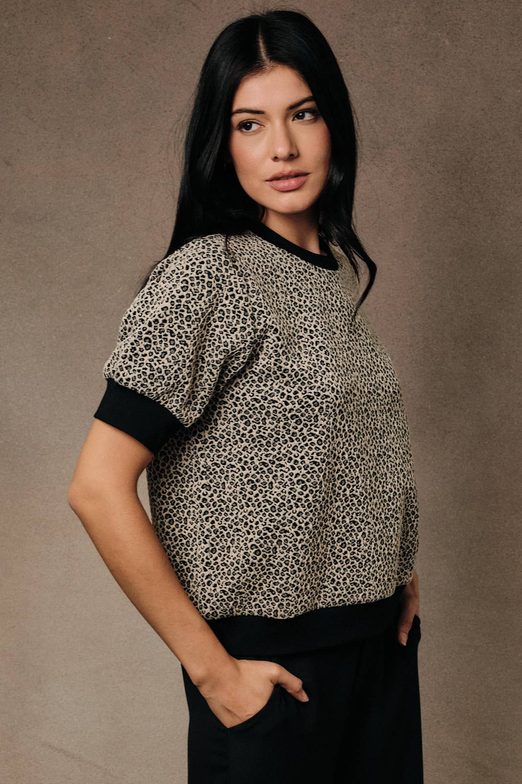 Half Puff Sleeve Animal Print Crew Neck Top