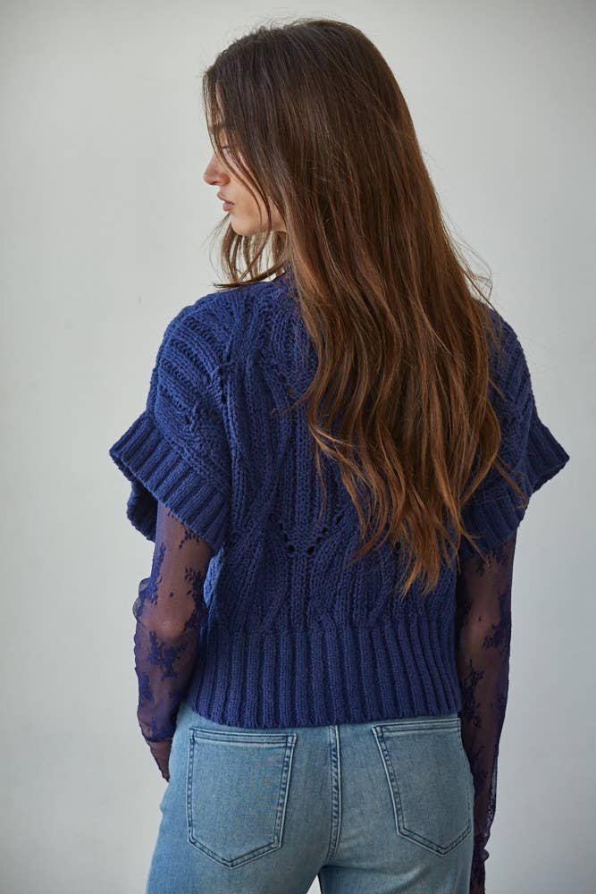 W1124 | Knit Sweater Crochet Round Neck Short Sleeve Top: Dark Brown / Medium