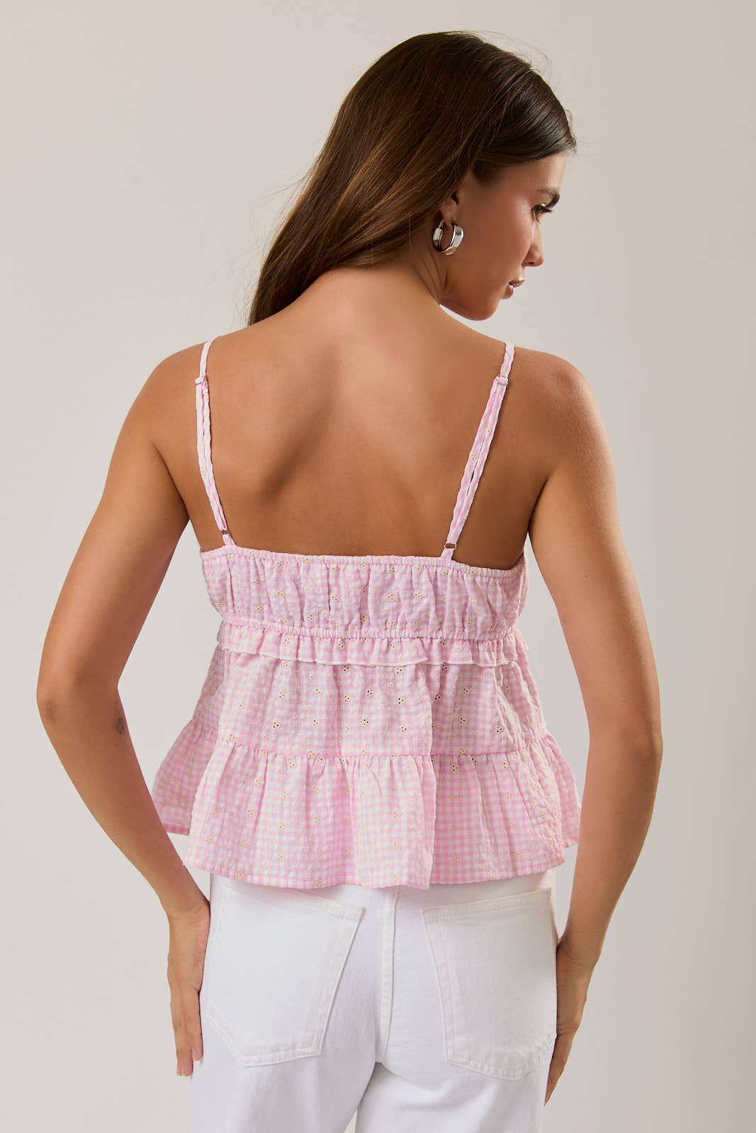 SHIRRED NECK BABYDOLL SPAGHETTI TIERED TOP