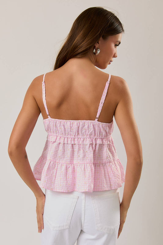 SHIRRED NECK BABYDOLL SPAGHETTI TIERED TOP