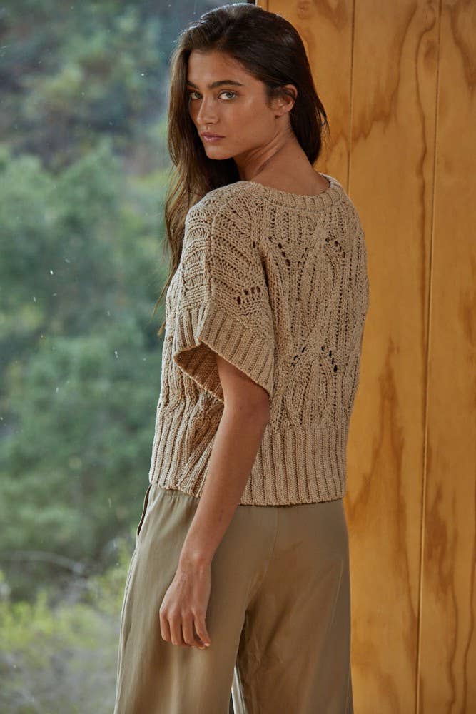 W1124 | Knit Sweater Crochet Round Neck Short Sleeve Top: Dark Brown / Large